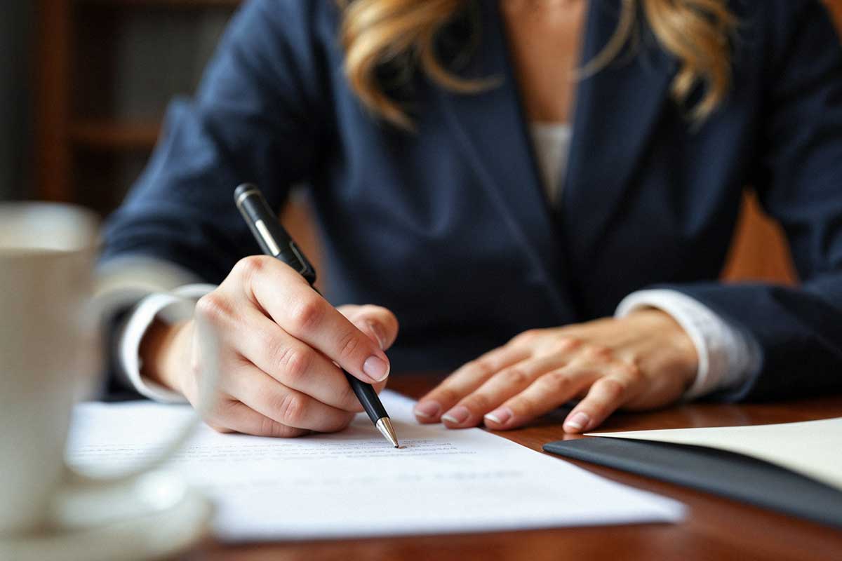 Dłonie prawniczki podpisujące dokument